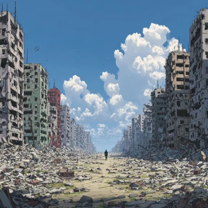 A vast, abandoned cityscape. Crumbling buildings fill the enviro...