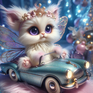Imagine a whimsical, fluffy creature with large, sparkling purpl...