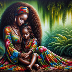 A tender depiction of a Bohemian mother with her child, both sty...