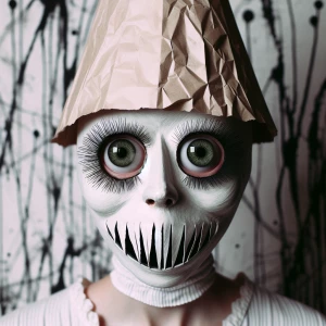 Person with big round green eyes wearing a paper mask that has a...