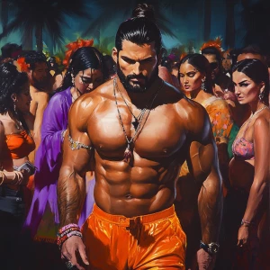 realism art style,a muscular beefy sweaty man walking  with his...
