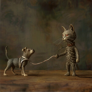 Create an absurdist image of a cat walking upright holding a dog...