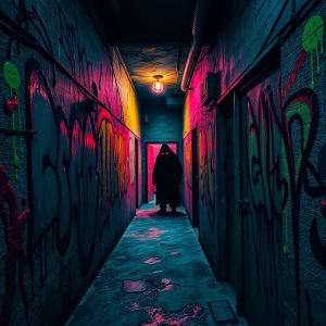 Twisted, nightmarish graffiti covering a decaying urban alleyway, dripping and pulsating with unnatural colors; a shadowy figure with glowing red eyes lurks in the background.