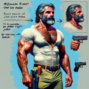 Illustrate a muscular 50-year-old man with a full head of hair a...