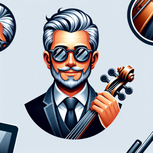 Ai music man. Silver hair and goatee with black round glasses Cr...