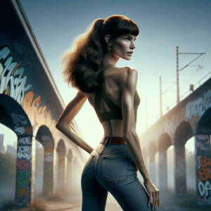 Athletic Thin skinny Attractive, Asian teenage girl, long brown hair and bangs, wearing tight skinny jeans and a halter top paint marks on her clothing, heroic pose Asian graffiti background,  backside view