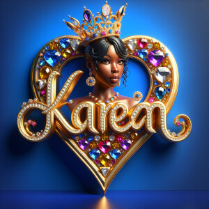 Craft a 3-D image showcasing the name 'KAREN' in a luxurious gol...
