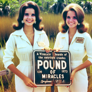 Generate a faded film photograph from 1973 in the Everglades. Tw...