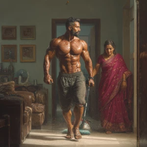 Hyperrealism digital painting ,a indian muscular beefy sweaty...