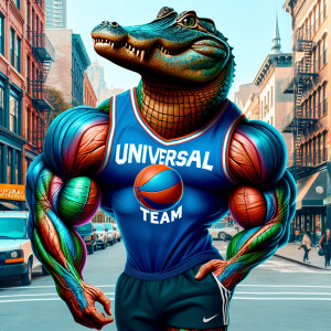 Man- alligator hybrid with extra huge muscles with veins popping...