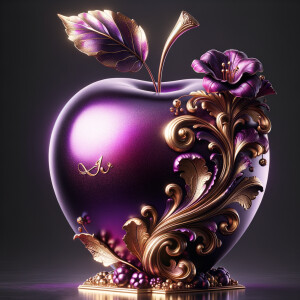 Envision a lustrous, oversized apple with a surface that gleams in a radiant shade of purple, as if lacquered to a high shine, reflecting light from its smooth, curvaceous form. The apple is adorned with elegant gold leaf patterns that swirl luxuriously around its contour, bringing a baroque opulence to its appearance. The stem, a bronzed sculpture in itself, supports a single leaf that seems to glow with an inner luminescence. At the apple’s base, a collection of flowers blooms, their petals softening the scene with organic shapes and colors that harmonize with the vibrant purple and gold. Incorporated into the metallic filigree in an artful script is the name "Karen," as if the apple were personally inscribed, enhancing the custom and bespoke quality of the piece.