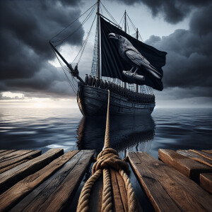A ship with people moored to another empty ship with a black rav...