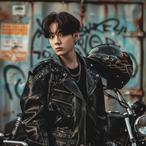 Bts jungkook standing in front of a motorcycle with a helmet tuc...