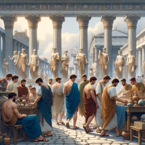 A scene depicting a group of young Greek male concubines standin...