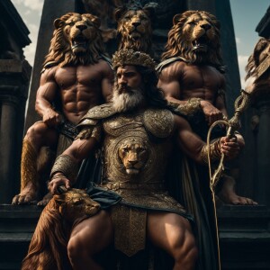 Greek god Ares holding a dead huge 6 headed Lion and holding his...