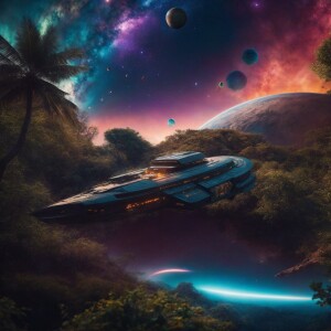 A spaceship gracefully soaring past distant planets in uncharted...