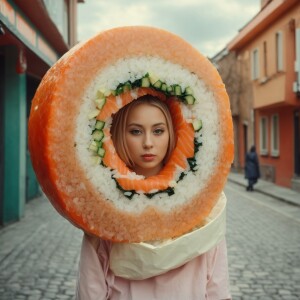 young slavic lady holding a giant sushi roll, surrealistic, funn...