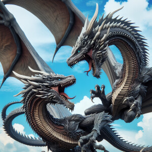 Two powerful dragons engaged in a realistic mid-air battle, wing...