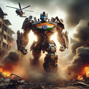 India as a transformer character, adorned with Indian national v...