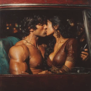 Hyperrealism, painting .a indian criminal sweaty muscular beefy...