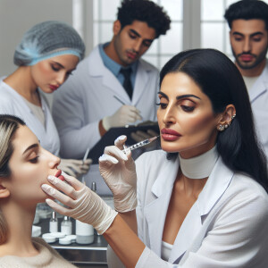 A cosmetologist in a clinic, she makes injections to girls’ lips...