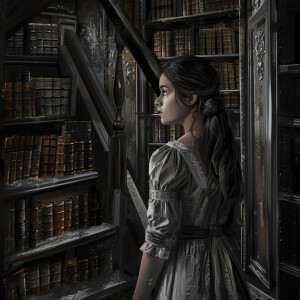 AI Image: Sarah discovering a hidden door behind an old bookshel...