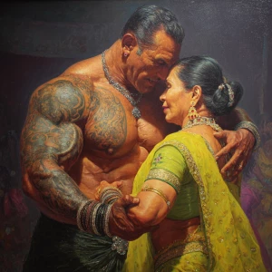 Hyperrealism oil painting.a muscular beefy tattoed gujarati swea...