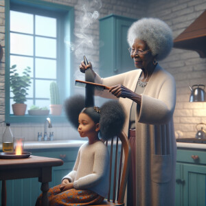 Create a realistic 3-D image of an african-American grandmother in the kitchen with her african-American granddaughter. The grandmother has a hot comb in her hair and she is straightening her granddaughters hair. One side of her granddaughters hair is in  a Afro the other is bone straight 
There is smoke coming from the hot comb