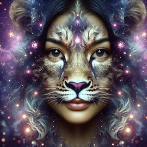 A symbiote woman's face transforming into a lion's snout.