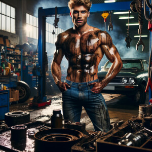 Leonardo DiCaprio as a mechanic in a garage with oil effect in a...