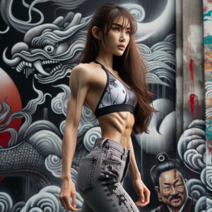 Very thin Athletic Thin skinny Attractive, Asian teenage girl, long brown hair and bangs, wearing tight skinny jeans and a halter top paint marks on her clothing, sitting side view heroic pose Asian graffiti