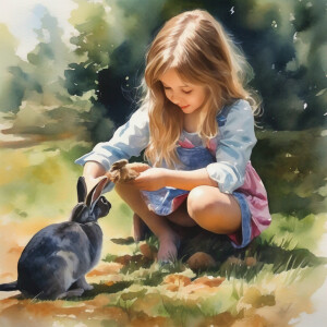 A young girl playing with rabbits