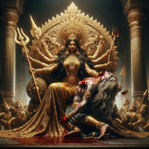 portrait of angry looking, gorgeous goddess durga sitting on a gold crown and carrying a weak mahishasur on her lap and stabbing him with her amazingly designed trident. She is wearing gold armor, a huge gold crown, gold saree, abundant  gold jewelry, covered in blood. The scene is set in ancient India. The image is 8K resolution, cinematic, ultra detailed face and epic.