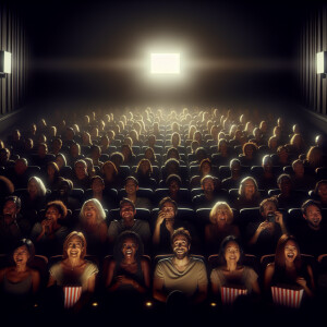 "Describe the experience of sitting in a dimly lit movie theater...