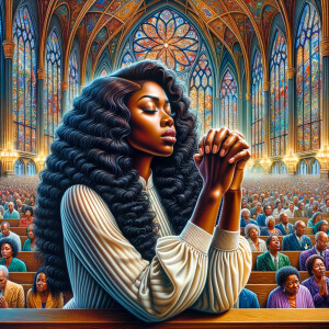 An oil painting depicting an African-American woman with long, wavy black hair, deeply immersed in prayer within a vibrant church setting. She is surrounded by a congregation of African-American individuals, all collectively engaged in worship and praise. The church is adorned with vividly colored stained glass windows, casting a mosaic of light that adds to the spiritual ambiance of the scene.