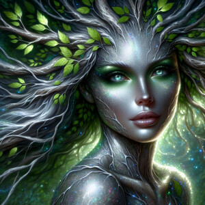A shimmering, ethereal silvery dryad emerges from the depths of...