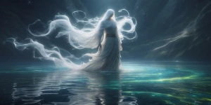 Depict an ethereal figure enveloped in swirling shadows, poised...