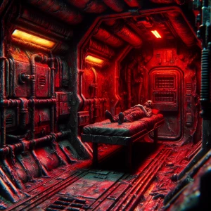 A grimy starship brig, its walls coated in layers of peeling met...