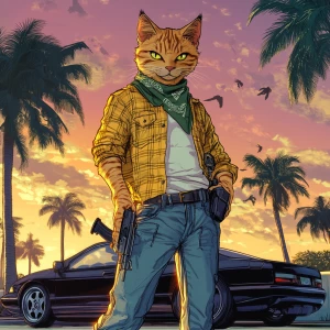 A humanoid cat character standing in a tropical setting with a b...
