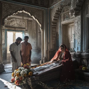 An Indian funeral scene inside a grand Rajasthani haveli, with a...