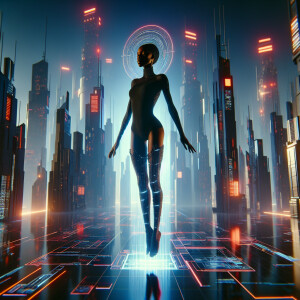 a beautiful Nigerian woman in a futuristic cityscape, surrounded...