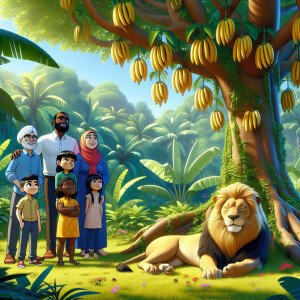 A family in the sunny jungle watching a lion under a tree with p...