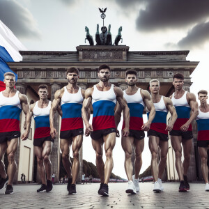 Running club Russians in Berlin with the image of strong and rug...