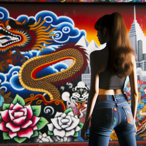 Attractive, Asian teenage girl, long brown hair and bangs, wearing tight skinny jeans and a halter top paint marks on her clothing, backside view heroic pose Asian graffiti