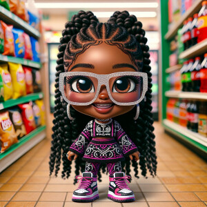 A hyper-realistic chibi woman in her 30s with dark brown skin, s...