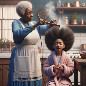 Create a realistic 3-D image of an african-American grandmother wearing a blue house dress and a white apron . She is in the kitchen with her african-American granddaughter. Her granddaughter is wearing a pink bath robe. The grandmother has a hot comb in her hand and she is straightening her granddaughters hair. One side of her granddaughters hair is in  a Afro the other straight 
There is smoke coming from the hot comb
The granddaughter is making a face