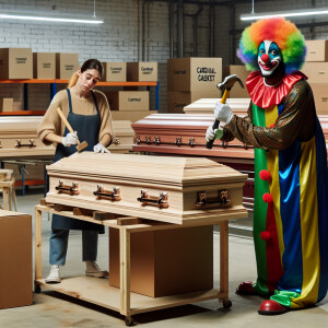 Clowns working at Cardinal Casket Company