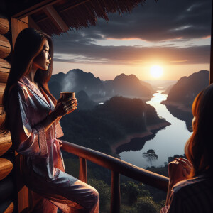 A woman, clad in elegant pajamas, stands serenely with a steamin...