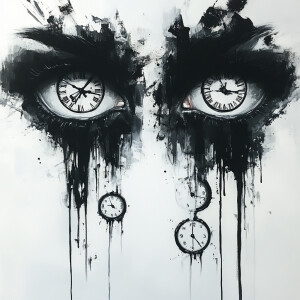 Create an image of a pair of eyes, with clocks inside the pupils...