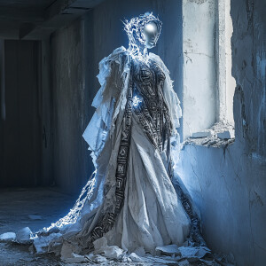 Capture a high-fashion photograph set in a post-apocalyptic worl...
